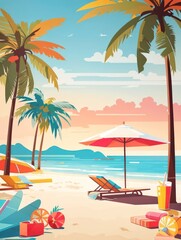 Fototapeta premium Summer Vacation Beach Illustration — Flat Vector with Palm Trees, Coconut Drink, and Sunset