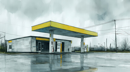 editorial on loneliness | alienation in routine | quiet introspection | grey and lemon | still horizon line | empty gas station | twilight horizon wash | minimalist architectural framing | silent