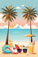 Summer Vacation Beach Illustration — Flat Vector with Palm Trees, Coconut Drink, and Sunset
