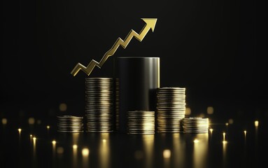 A stack of gold coins arranged on rectangular black podium blocks with an upward arrow symbolizing financial growth