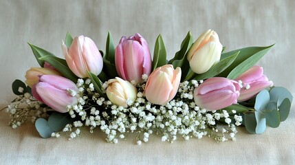 Pastel Tulips and Baby's Breath Bouquet