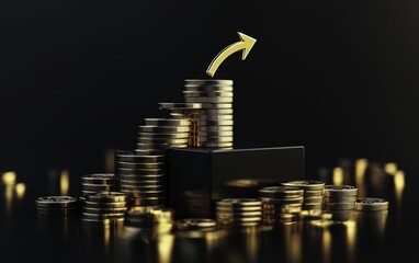 A stack of gold coins arranged on rectangular black podium blocks with an upward arrow symbolizing financial growth