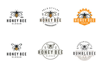 Fototapeta premium Organic honey bee logo design set bundle retro vintage concept bee animal premium template bumblebee