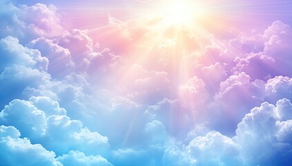 Radiant cloudscape, sunbeams pierce pastel clouds