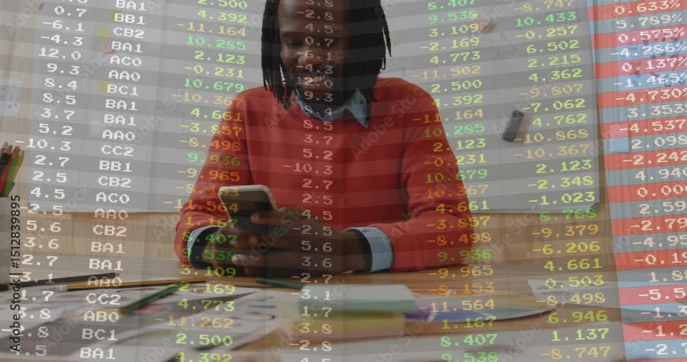 Poster financial data overlay appearing causing professional man picking smartphone and scrolling charts