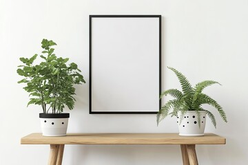 Blank framed poster on wooden table, plants