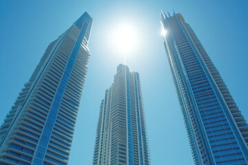 Fototapeta premium Modern high-rise towers against a bright sky. Three tall, glass-fronted residential buildings rise against a clear, sunny blue sky. Sunlight flares around the central tower. 