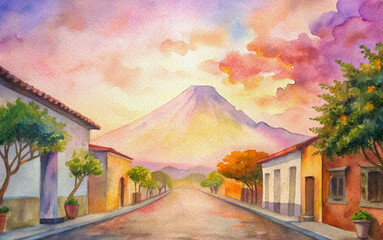 watercolor painting of rainy colonial streets with a volcano in the background