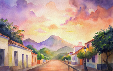 watercolor art of rainy colonial streets with a volcano in the background