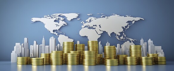 World map with gold coin stacks scattered across countries on blue background