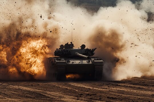 Military tank advancing through battlefield explosion with smoke and fire impact