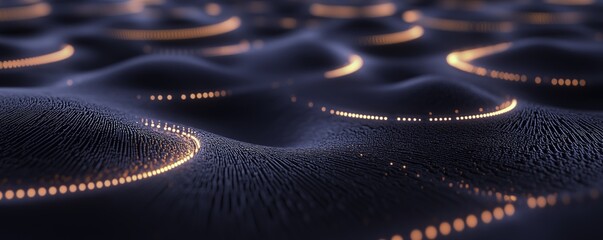 Abstract digital background featuring glowing neon lines forming circular patterns on a dark surface in deep blue and pink tones