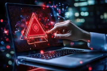 A person interacts with a laptop screen displaying a large, red, triangular alert symbol with glowing, digital outlines.  The symbol appears overlaid on a dark, blurred cityscape background.