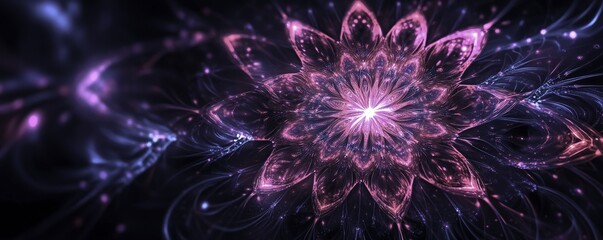 Abstract digital background featuring glowing neon lines forming circular patterns on a dark surface in deep blue and pink tones