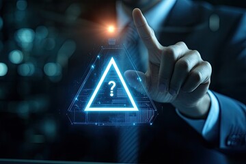 Businessperson's hand points to a glowing, digital triangle with a question mark, suggesting a need for further information or a problem needing investigation.