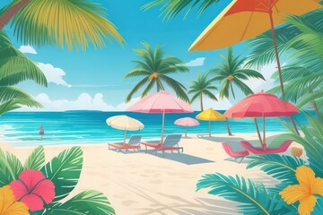 Summer Vacation Beach Illustration — Flat Vector with Palm Trees, Coconut Drink, and Sunset