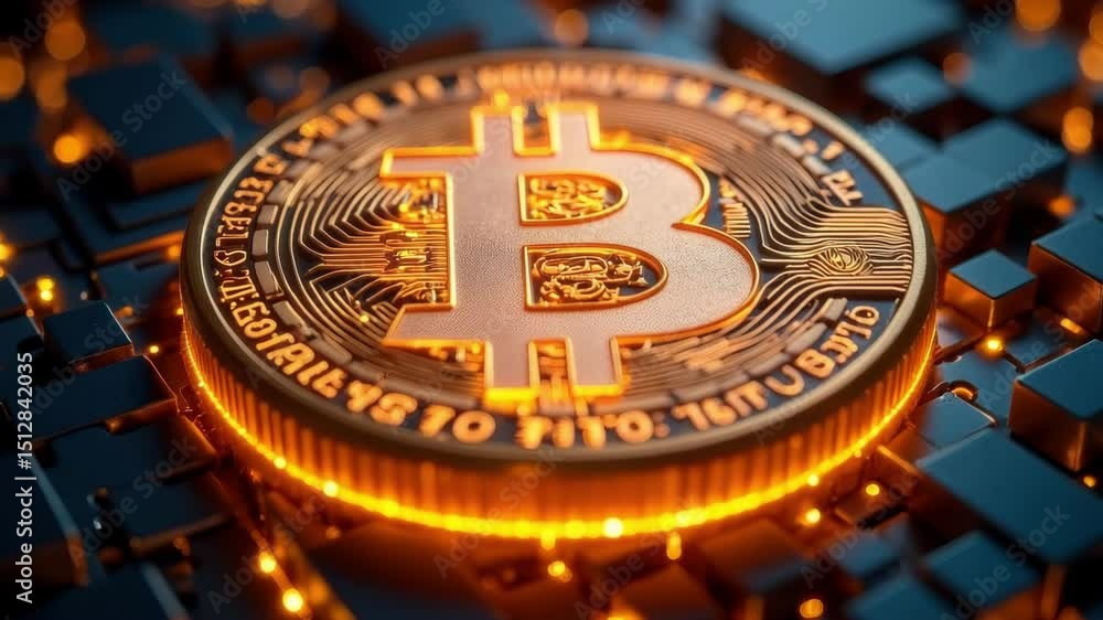 Poster a gleaming golden bitcoin rests on a surface of dark blue squares. an orange glow emanates from bene