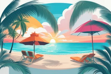 Obraz premium Summer Vacation Beach Illustration — Flat Vector with Palm Trees, Coconut Drink, and Sunset