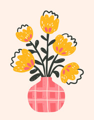 Floral composition with bold bright hand-drawn textured crazy flowers, a ready-made template for funny modern poster or postcard in naive style, vector illustration
