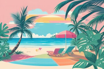 Fototapeta premium Summer Vacation Beach Illustration — Flat Vector with Palm Trees, Coconut Drink, and Sunset