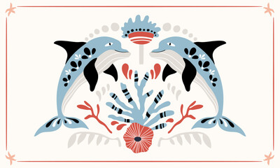 Folk hygge ready to use vector ocean print in Scandinavian style, folkloric isolated design on white. Composition with classic ethnic elements. Scandi folk motifs - sea animals, fishes and flowers