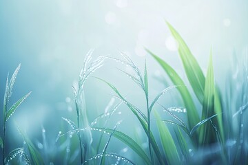 Delicate, dewy grass in soft pastel hues