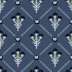 Folk hygge sea seamless pattern, fishes, seaweeds, corals, flowers and leaves scandinavian nordic style, ocean motives on background for wrapping, textile, digital and scrapbook paper