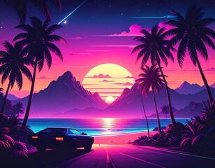 Retro-futuristic beach sunset scene. Vibrant colors frame a road leading to a sunset over a beach, with palm trees and mountains. A vintage-style car is parked on the road