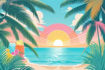 Fototapeta premium Summer Vacation Beach Illustration — Flat Vector with Palm Trees, Coconut Drink, and Sunset