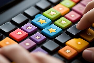 Close-up of hands pressing colorful buttons on a keyboard.  Colorful, square keys with star icons.  Focus on fingers pressing star-shaped buttons