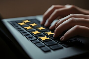 Close-up of hands typing on a laptop keyboard with golden star ratings