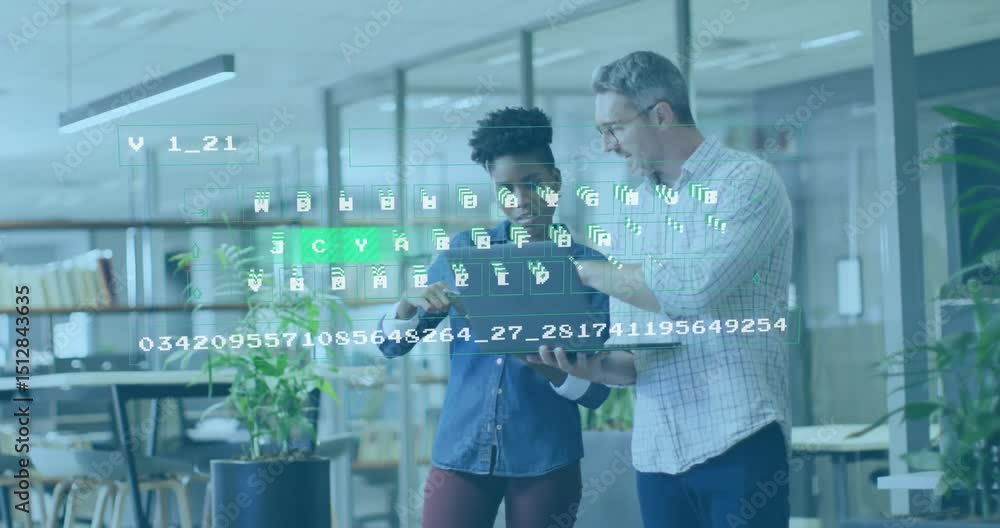 Poster it professionals examining laptop making code overlay appear, tapping blocks updating progress bar