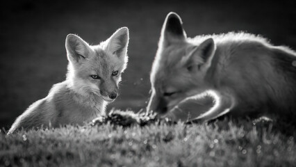 A pair of red foxes fighting over a dead squirrel