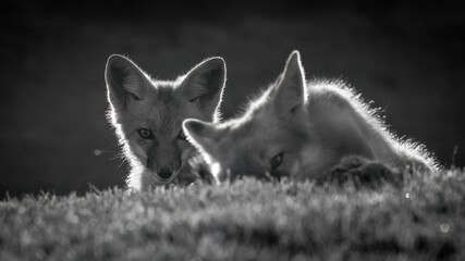 A pair of red foxes fighting over a dead squirrel