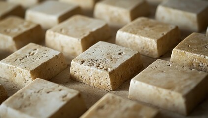 Close-up view of a beige/tan stone tile wall.  Many square tiles arranged in a grid pattern.  Rough texture and subtle variations in color