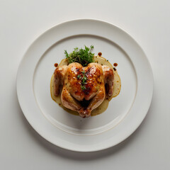 Whole roasted chicken glazed with sauce, served on mashed potatoes and garnished with fresh herbs. Gourmet meal presentation on a white plate over a clean, minimalist background.