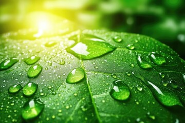 Close-up of a vibrant green leaf covered in dew drops, bathed in sunlight