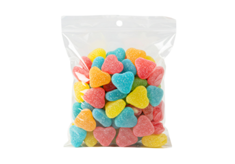 gummy jelly cubes in plastic bag isolated on transparent background