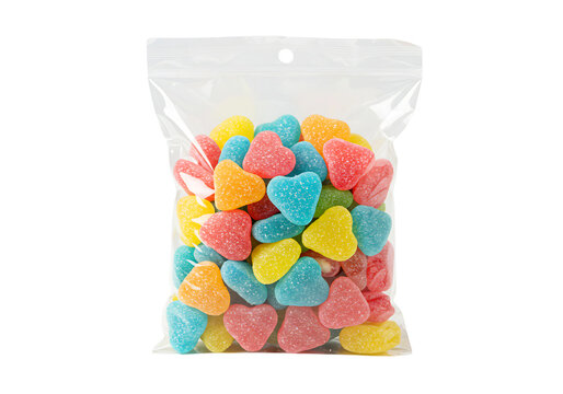 gummy jelly cubes in plastic bag isolated on transparent background