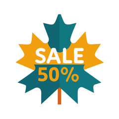 A maple leaf shaped sale tag with "SALE" and "50%". Use for autumn sales, Canadian promotions, or seasonal discounts.