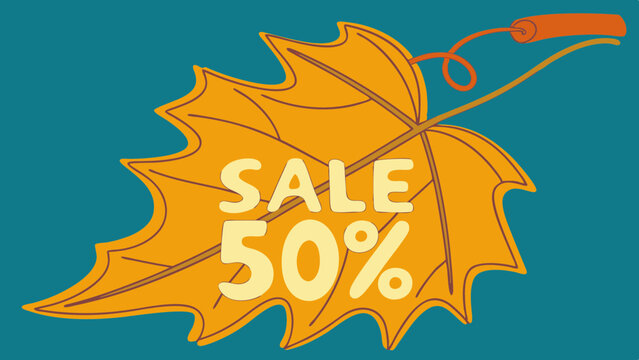 An autumnal leaf graphic with "SALE 50%" text. Ideal for websites/blogs promoting fall sales, discounts, seasonal promotions, or e-commerce events.