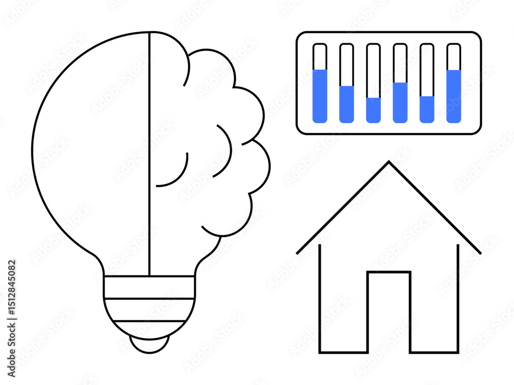 Poster brain-light bulb merge symbolizing ideas, bar graph for analytics, house outline for foundation. ide