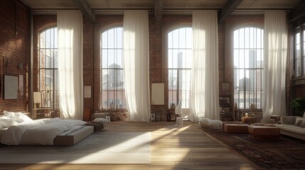 Fototapeta premium Bright and airy loft interior with large windows and cozy furnishings, showcasing urban cityscape outside
