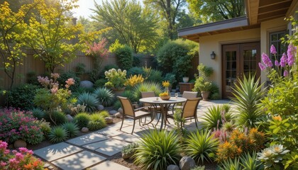Serene Backyard Oasis:Landscaped Garden Design with Patio Furniture
