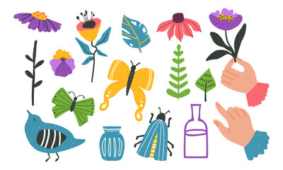 Isolated clip arts on white background, a set of folk naive bold insects, butterflies, birds, flowers, vases and hands in a cheerful, bright hand-drawn vector art