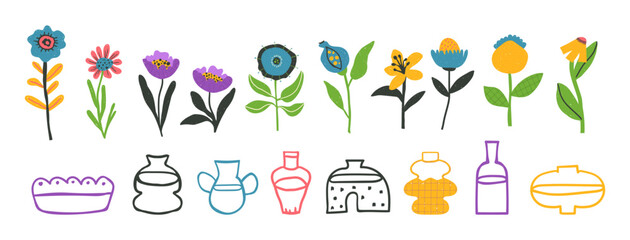 Set of bold positive flowers and vases clip arts hand drawn in naive style, optimistic bright floral illustration, vector isolated items on white background