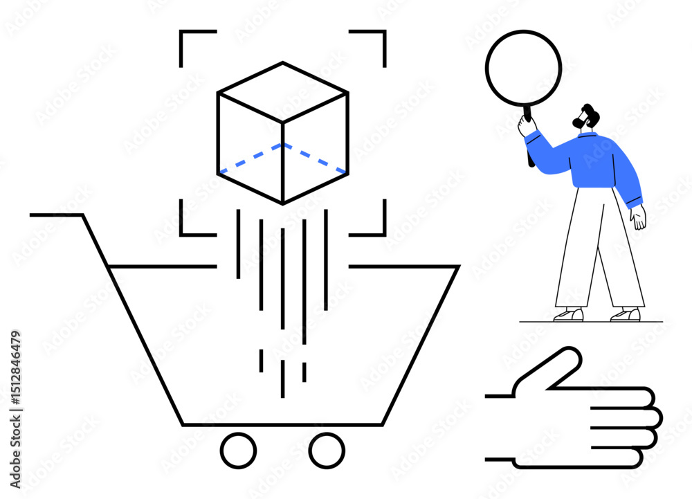 Poster cube scanning over a shopping cart with a person holding an empty circle and a large hand gesture. i