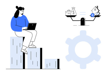 Woman working on laptop atop bar chart, analyzing business growth. Seesaw balances finances, savings, and goals. Ideal for economics, business strategy, data analytics, financial planning career