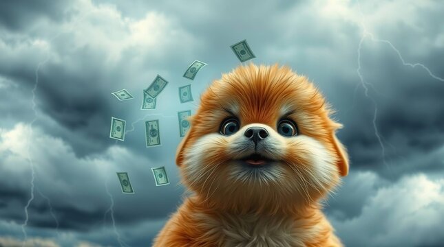 A fluffy orange dog with bright blue eyes looks up with a surprised expression as paper bills rain down from a stormy sky - Powered by Adobe