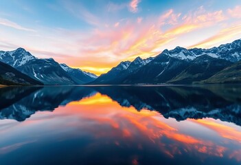 Serene sunset over majestic mountains reflected in still lake water,  view,  graphic design